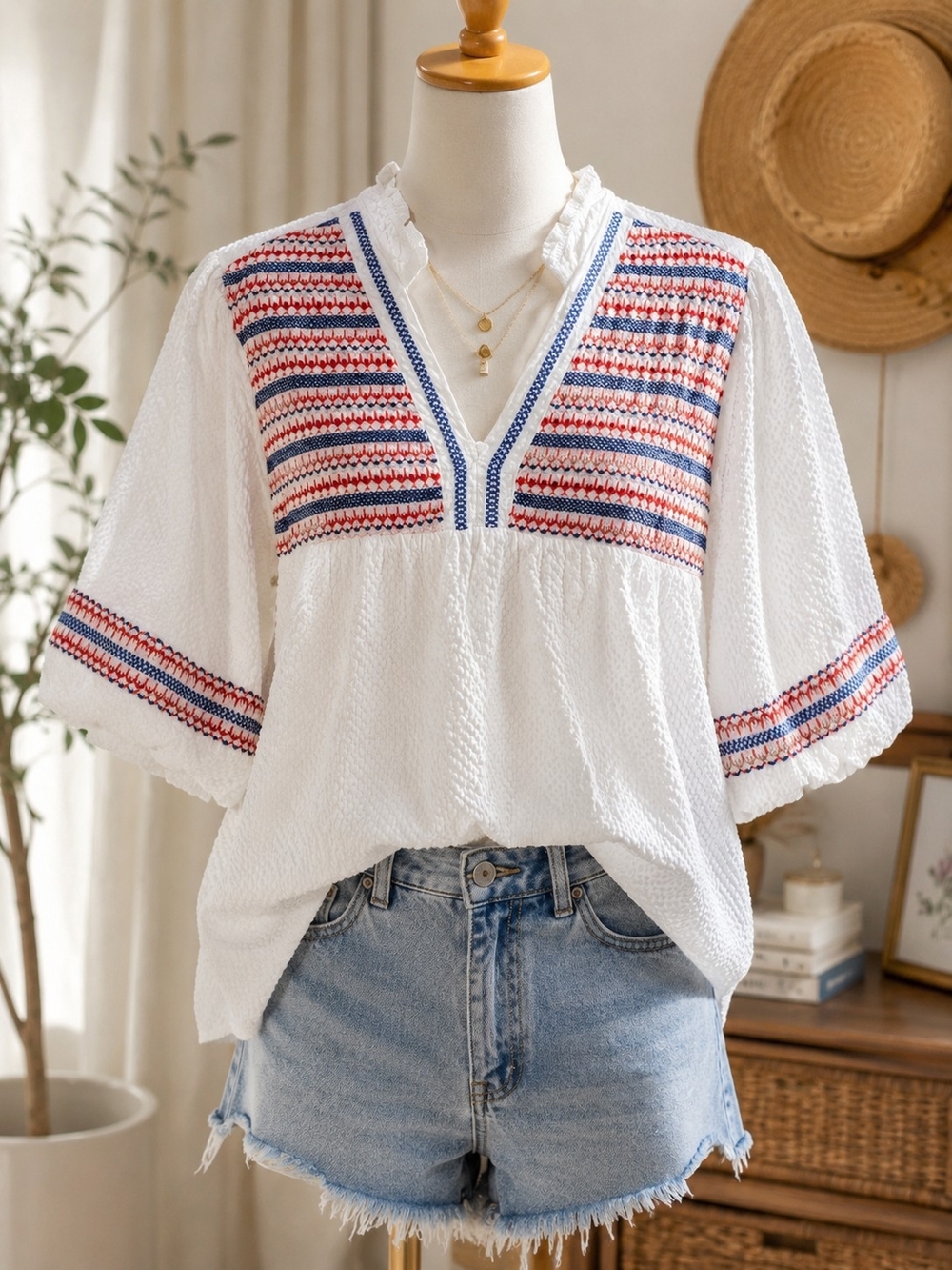 Grace + Karma Embroidered Boho Seersucker Blouse NWT 1X